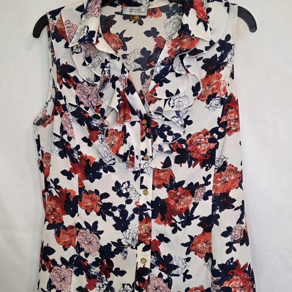 Tahari White Floral Ruffle Sleeveless Blouse 228